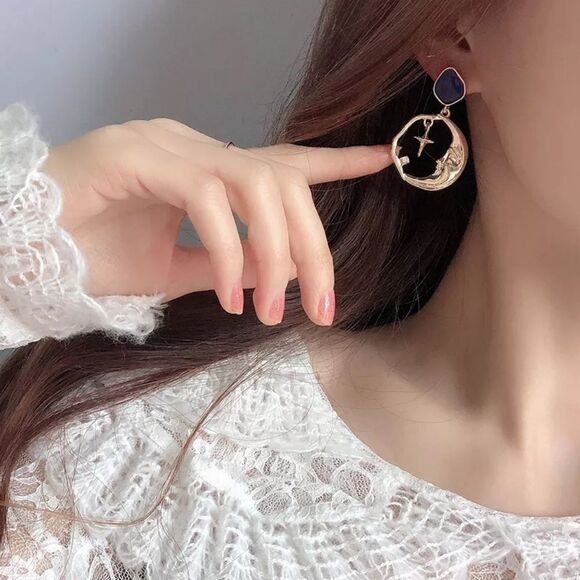 Moon Cross Blue Enamel Stone Crystal Gold Drop Statement Earrings - Picture 3 of 7